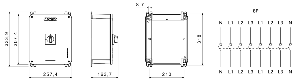 datasheet rotary isolator switch - hp - surface-mounting - control - aluminium enclosure - 63a 8p - lockable black knob - ip66/ip69