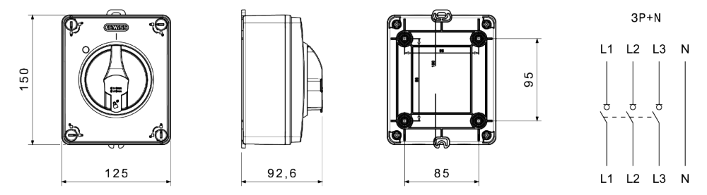 datasheet rotary isolator switch - hp - emergency - isolating material box - 16a 3p+n - lockable red knob - ip66/67/69